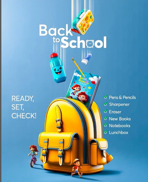 A high-conversion creative featuring a bright yellow backpack surrounded by floating school essentials, presented with a clear checklist format.